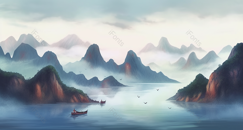 新中式彩色水墨山水画云雾环绕的山峰群山之中飞鸟飞过湖泊上的小船缓缓驶过平静的水面,插画/手绘图,插画/手绘图库,插画/手绘图下载,插画/手绘